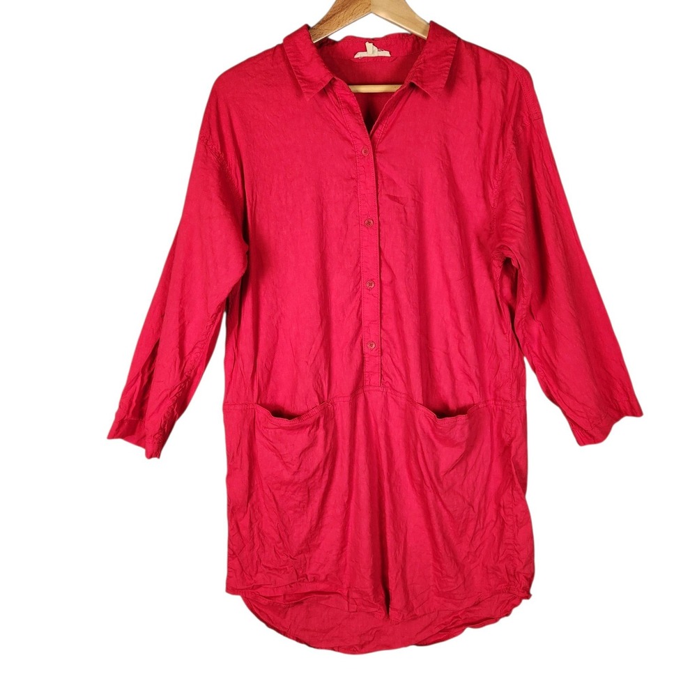 Eileen Fisher Tunic Shirt Medium Red Organic Linen Blend Button Front Pocket